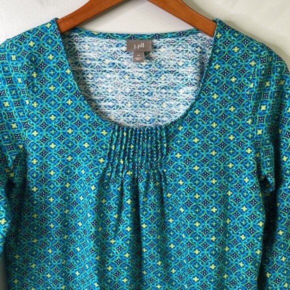 J Jill Pin Tuck Pullover Long Sleeve Top Geometric Print Watercolor Turquoise - Picture 15 of 16